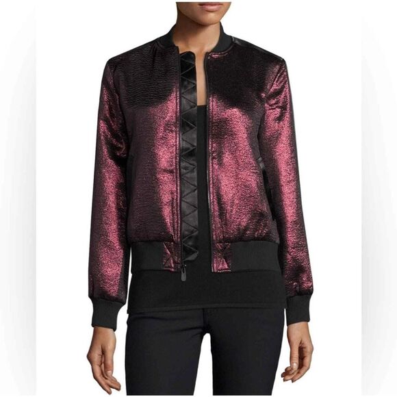 Cinq a Sept Venus Metallic Lame Bomber Jacket Ruby Size XS - Picture 1 of 7